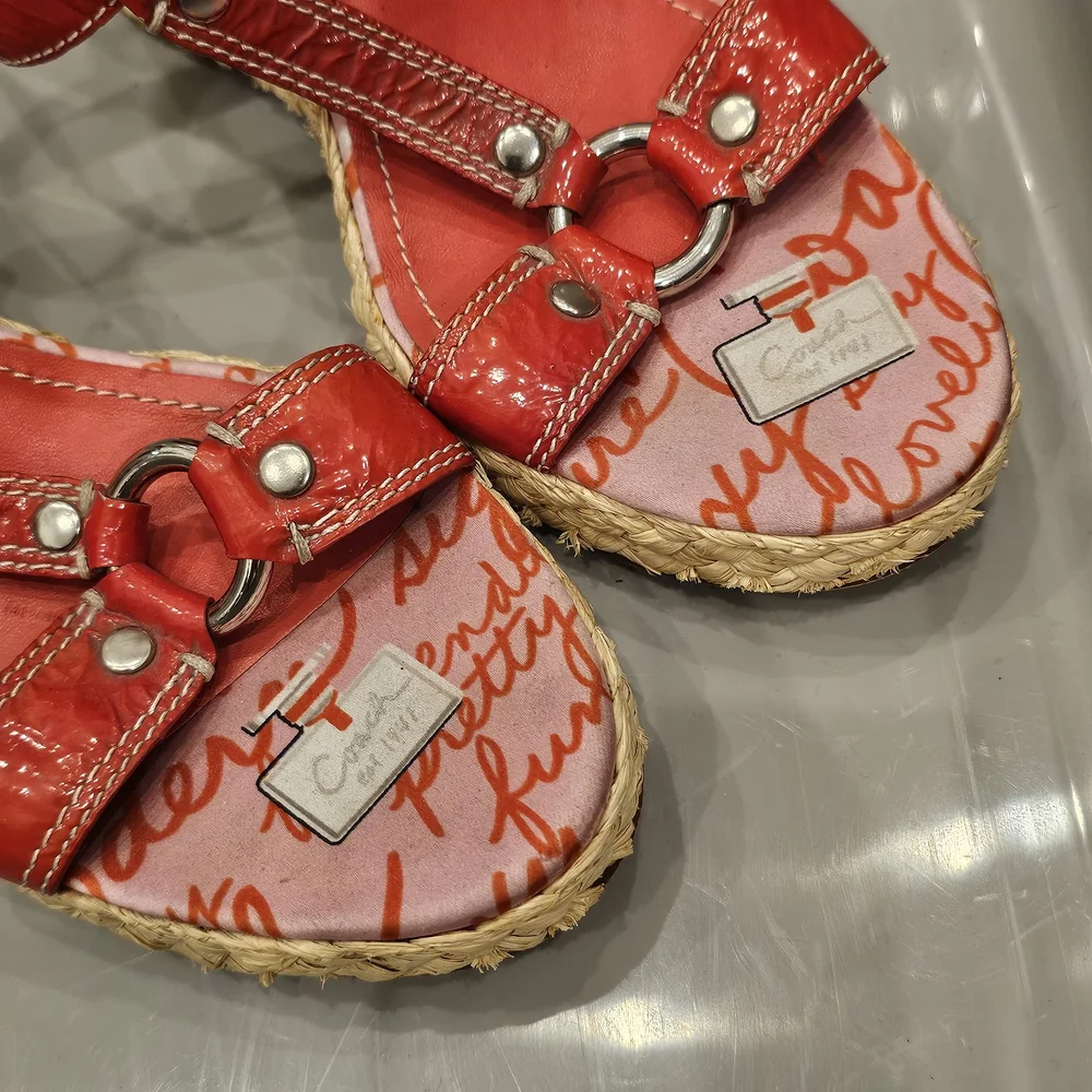 COACH Red Wedge Espadrille Sandals